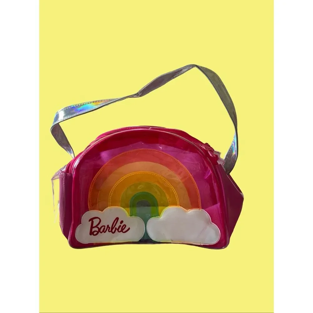 Mattel Clear Pink Multicolor Barbie Rainbow Clouds Plastic Tote Bag